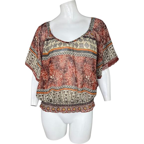 Wet Seal Boho Paisley Floral Peasant Top Sheer Smocked Hem Scoop Neck Small - Picture 1 of 13